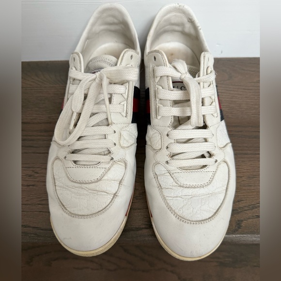 AUTH MENS GG LOGO WHITE GUCCI LEATHER SNEAKERS, SIZE 8, MADE IN ITALY - Picture 2 of 16